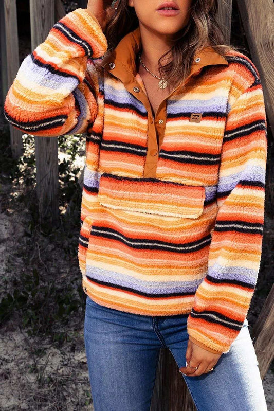 Multicolored Stripe Quarter Snap Fleece Sweatshirt - Trendsi - Flyclothing LLC