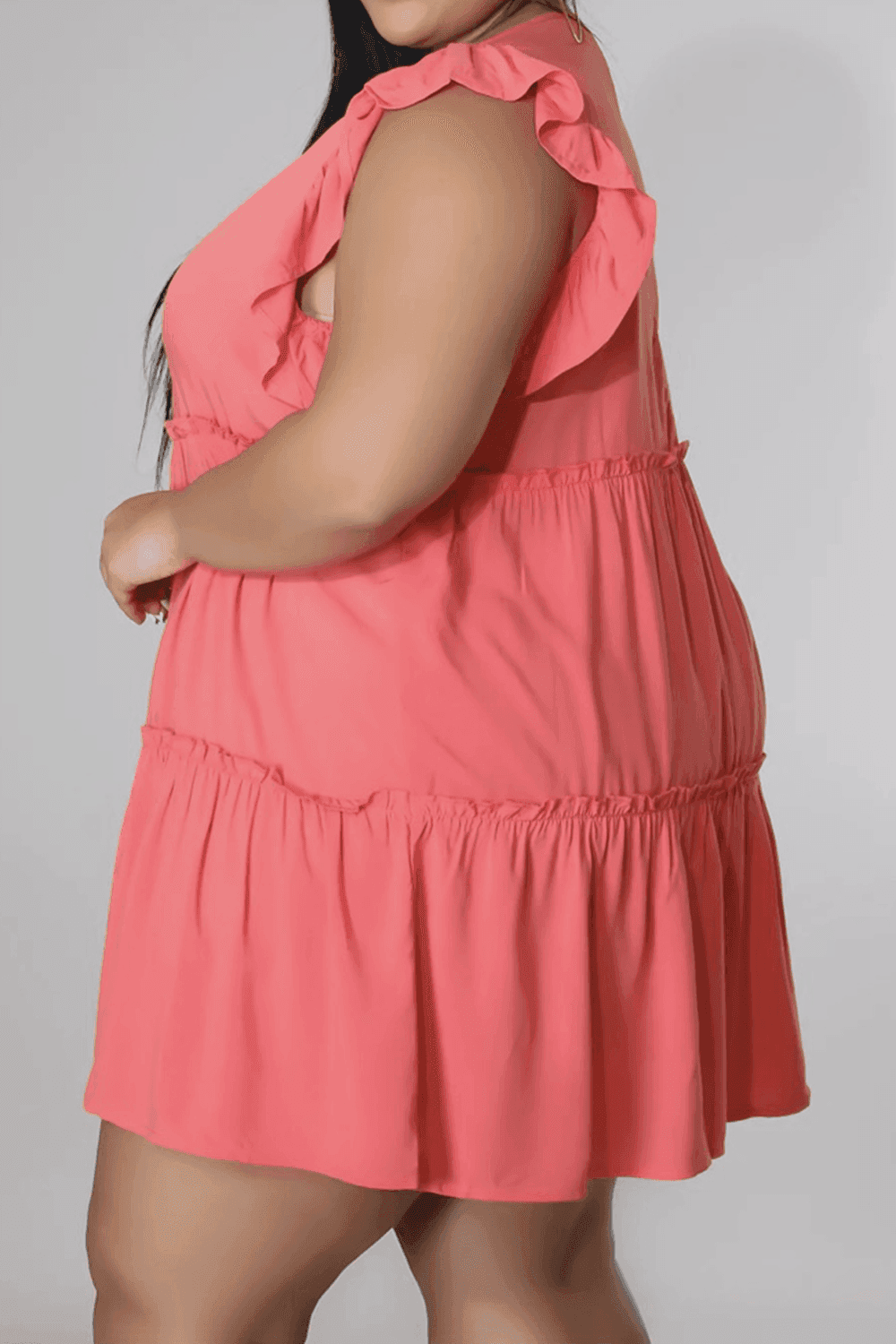 Plus Size V-Neck Frill Trim Mini Dress - Trendsi - Flyclothing LLC