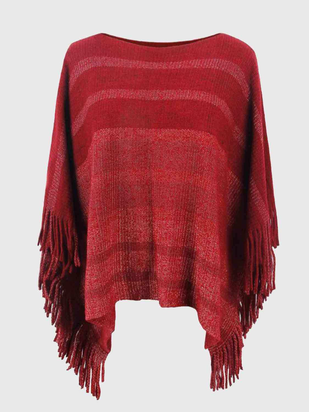 Striped Boat Neck Poncho with Fringes - Trendsi - Flyclothing LLC