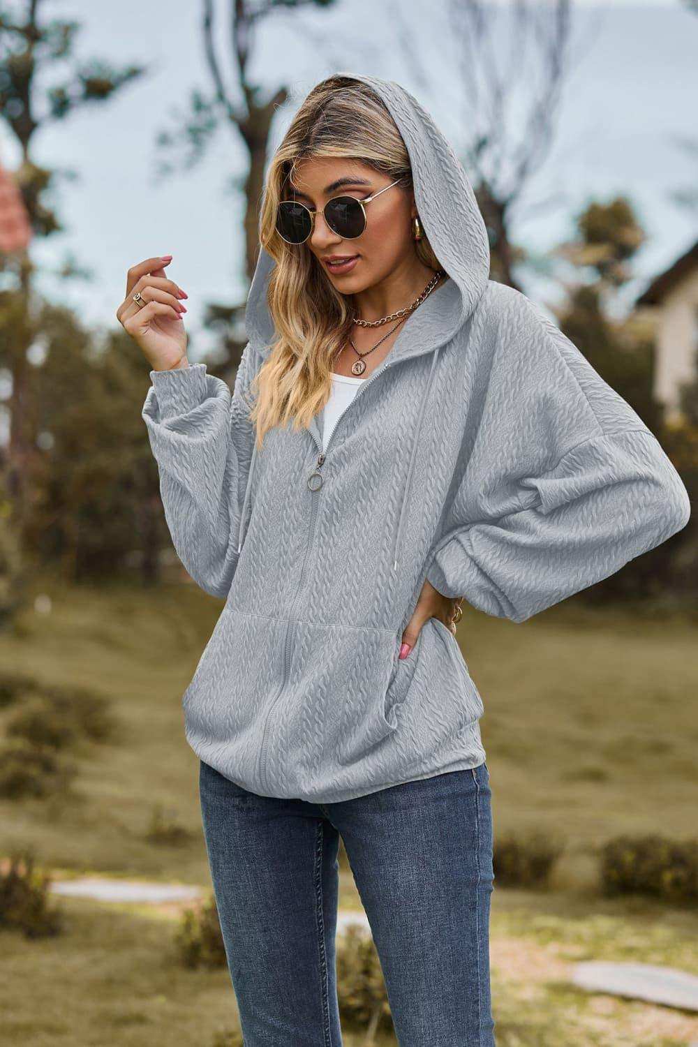 Cable-Knit Long Sleeve Hooded Jacket - Trendsi - Flyclothing LLC