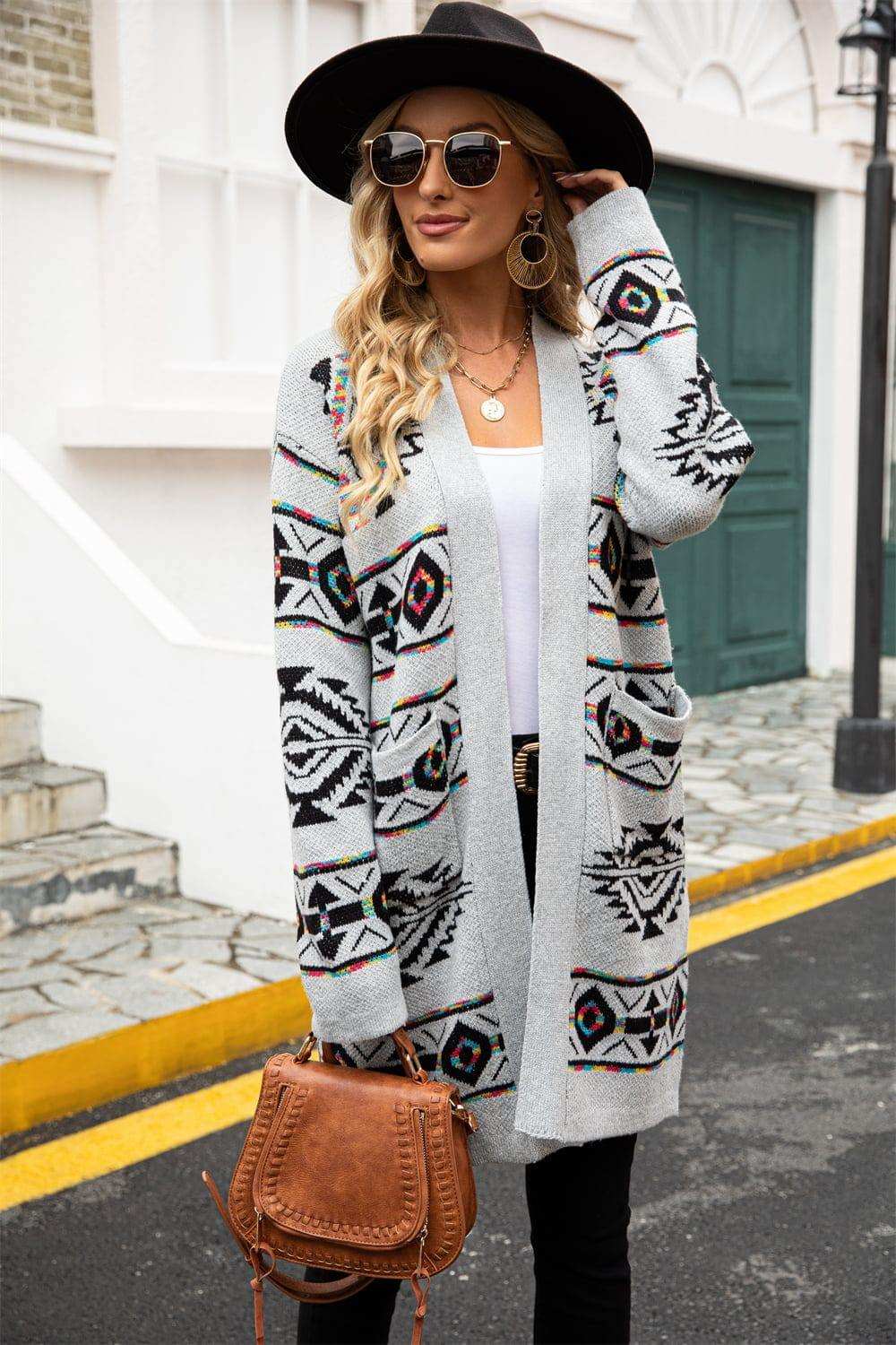 Printed Long Sleeve Cardigan with Pocket - Trendsi - Flyclothing LLC