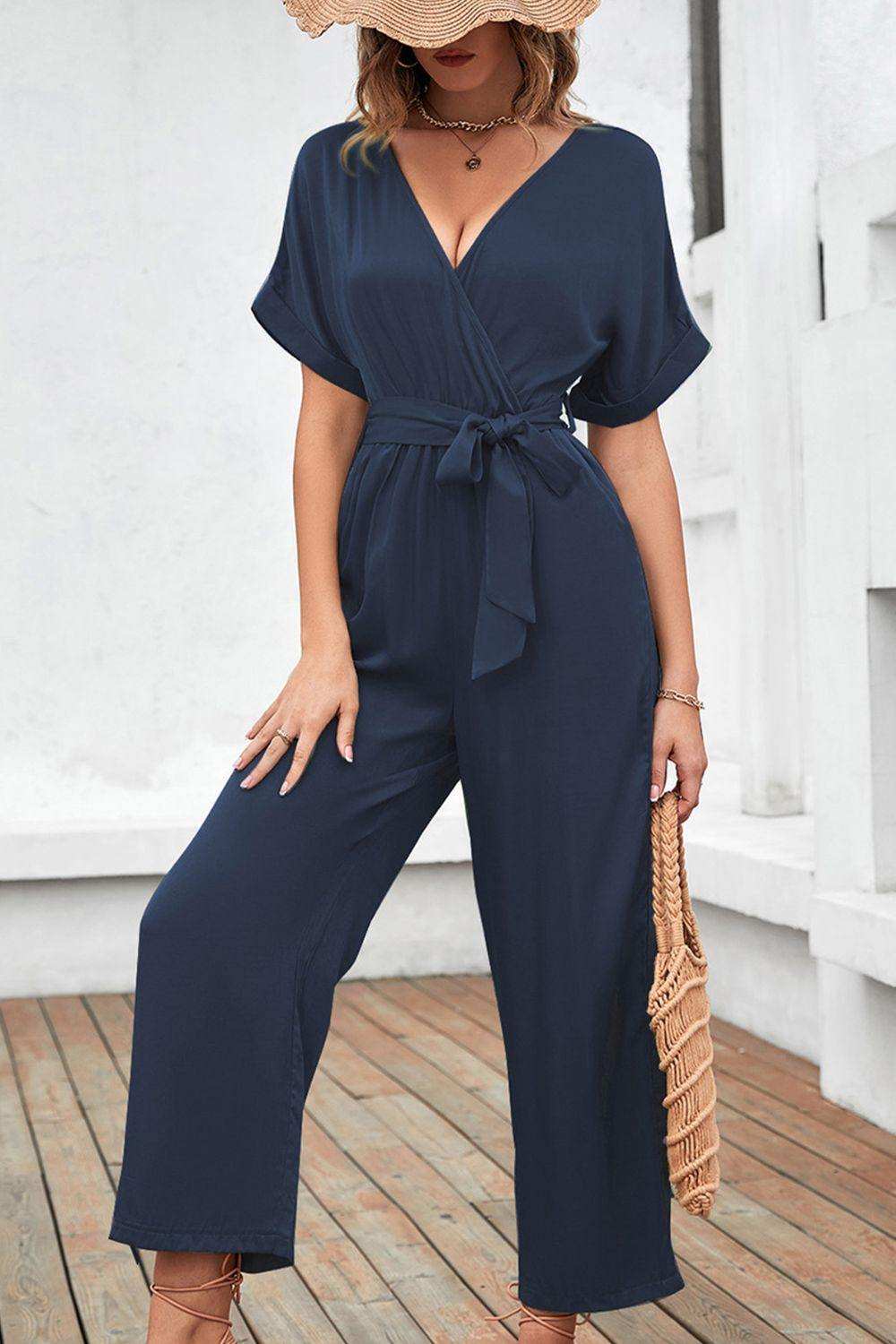 Tie Waist Surplice Wide Leg Jumpsuit - Trendsi - Flyclothing LLC
