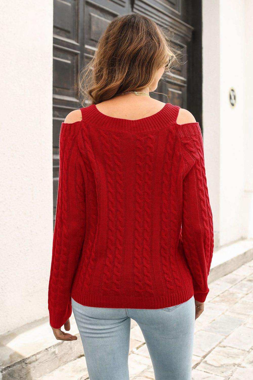 Cold Shoulder V-Neck Cable-Knit Pullover Sweater - Trendsi - Flyclothing LLC