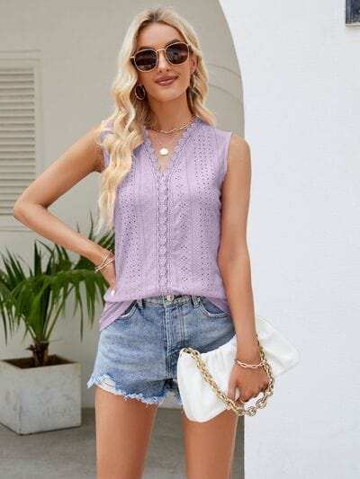 Eyelet Lace Detail V-Neck Tank - Trendsi - Flyclothing LLC
