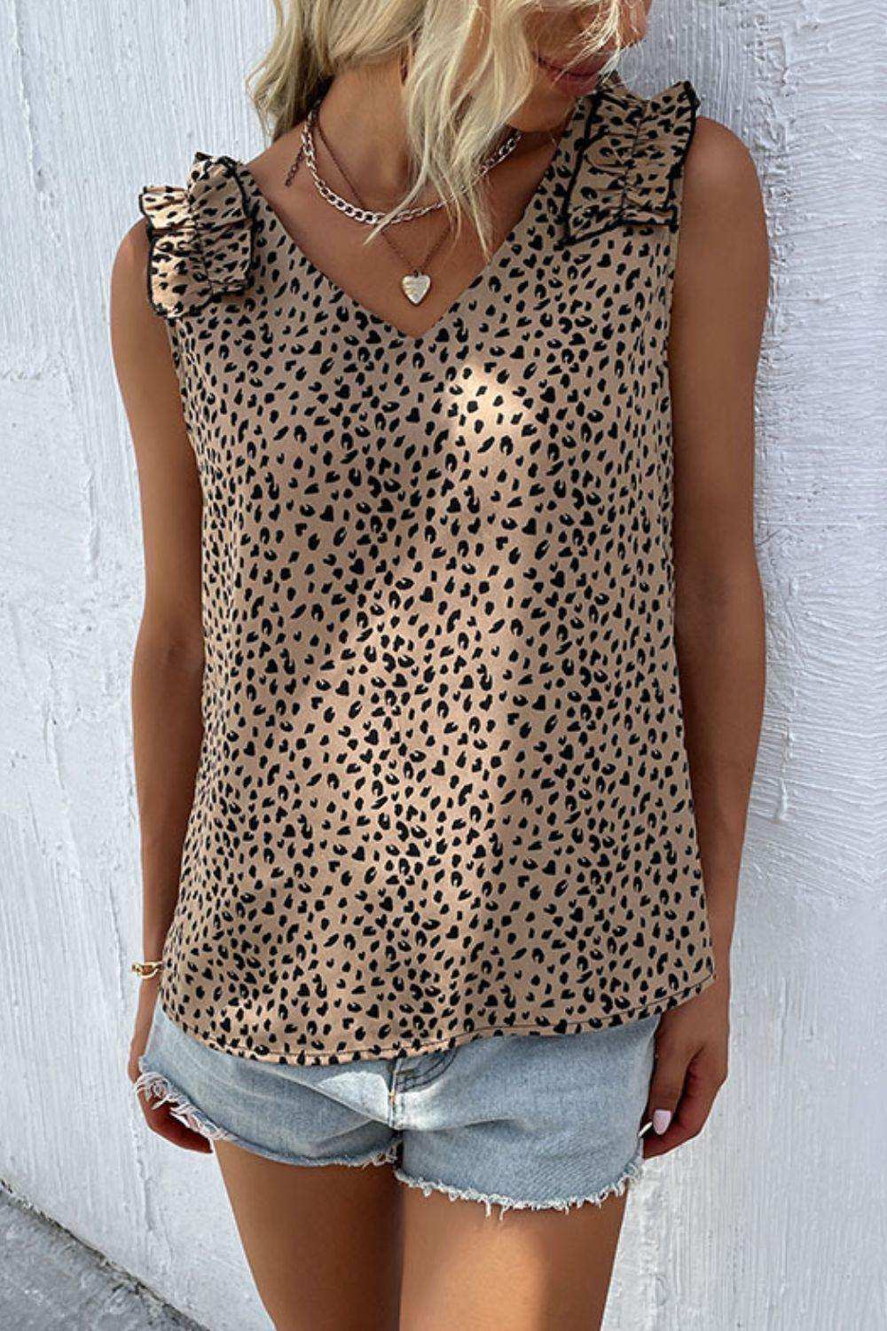 Leopard Frill Trim V-Neck Tank - Trendsi - Flyclothing LLC