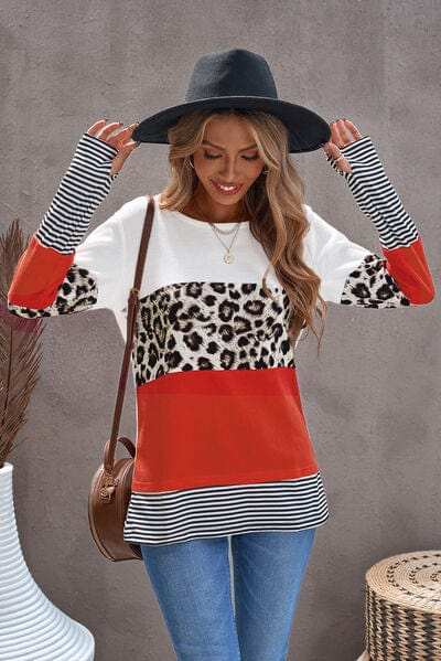 Waffle-Knit Leopard Round Neck Long Sleeve T-Shirt - Trendsi - Flyclothing LLC