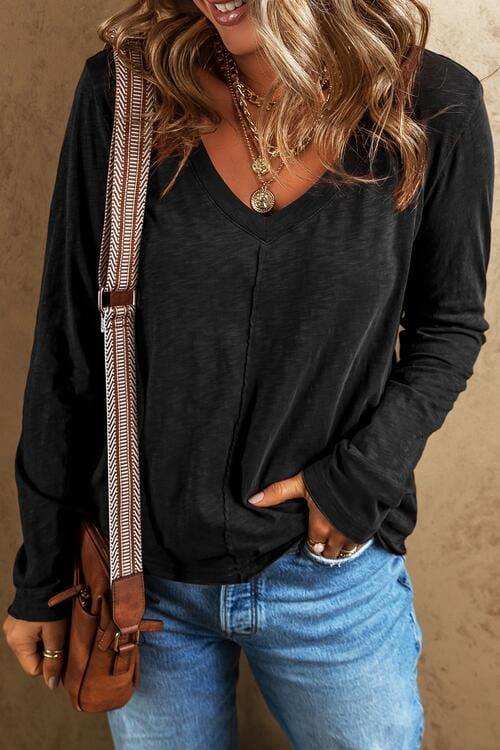 Exposed Seam V-Neck Long Sleeve T-Shirt - Trendsi - Flyclothing LLC