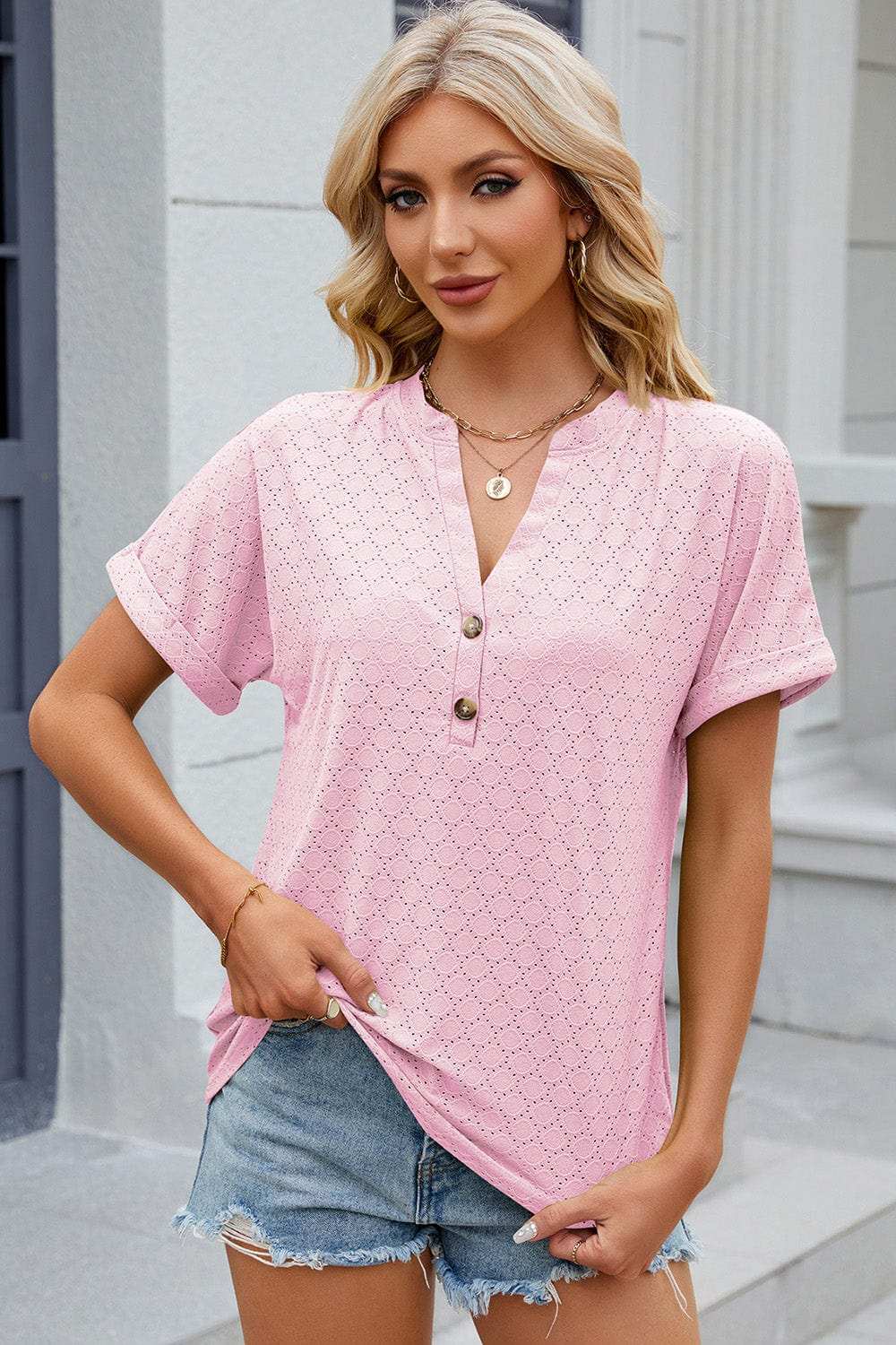 Eyelet Notched Short Sleeve T-Shirt - Trendsi - Flyclothing LLC