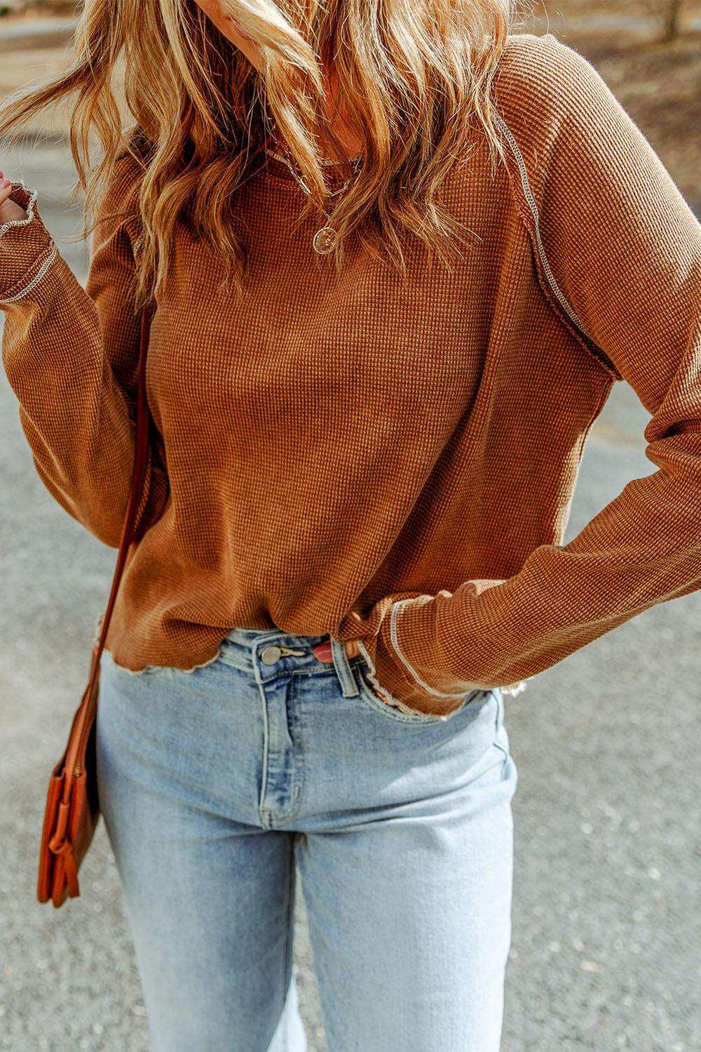 Long Raglan Sleeve Round Neck Top - Trendsi - Flyclothing LLC