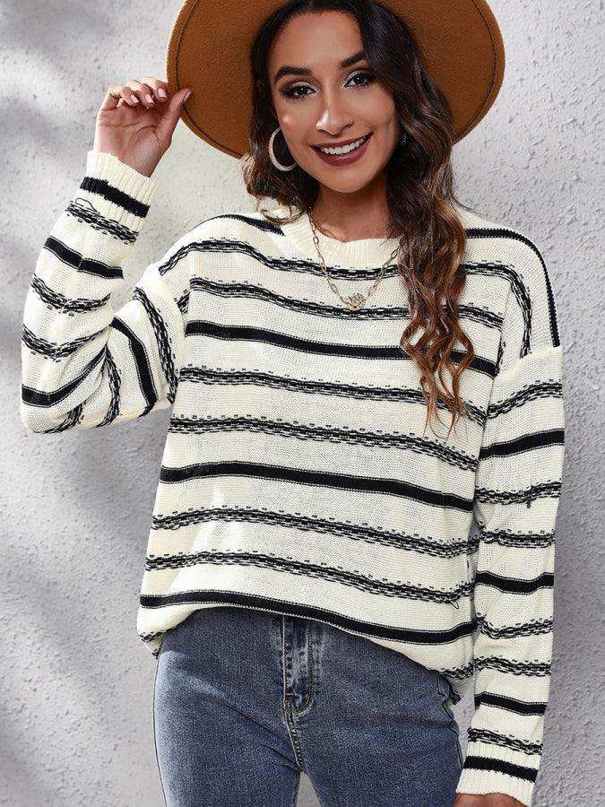 Striped Round Neck Dropped Shoulder Sweater - Trendsi - Flyclothing LLC