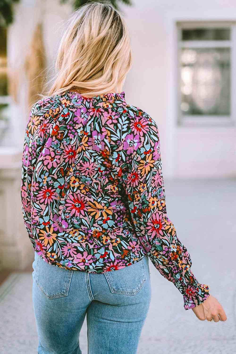 Floral Tie Neck Flounce Sleeve Blouse - Trendsi - Flyclothing LLC