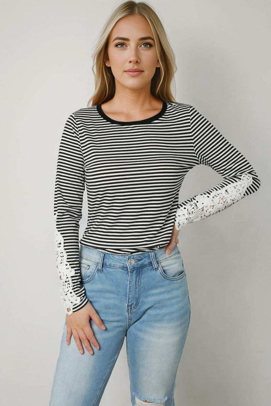 Striped Round Neck Long Sleeve Lace Trim T-Shirt - Trendsi - Flyclothing LLC