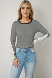 Striped Round Neck Long Sleeve Lace Trim T-Shirt - Trendsi - Flyclothing LLC
