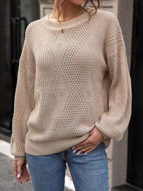 Eyelet Round Neck Long Sleeve Knit Top - Trendsi - Flyclothing LLC