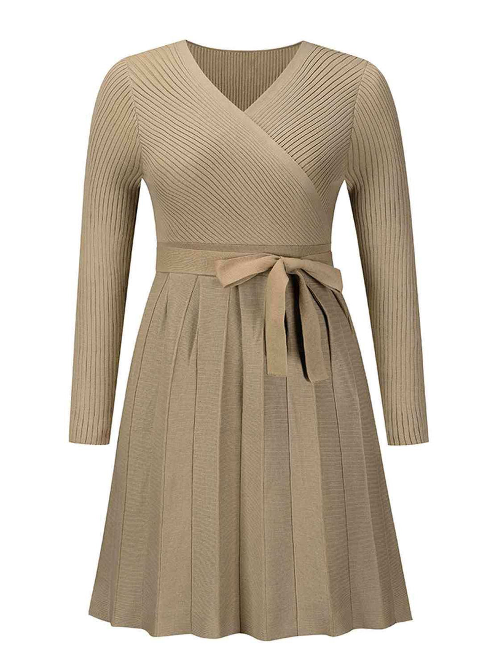 Surplice Neck Tie Front Pleated Sweater Dress - Trendsi - Flyclothing LLC
