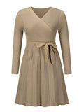Surplice Neck Tie Front Pleated Sweater Dress - Trendsi - Flyclothing LLC