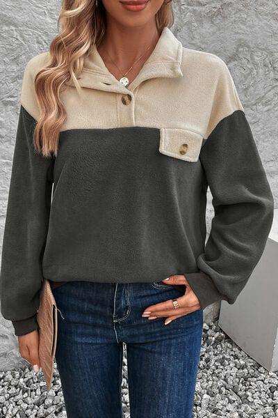 Color Block Quarter Button Dropped Shoulder Sweatshirt - Trendsi - Flyclothing LLC