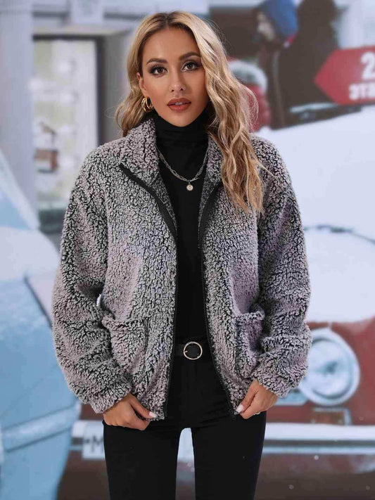 Zip-Up Collared Jacket with Pockets - Trendsi - Flyclothing LLC