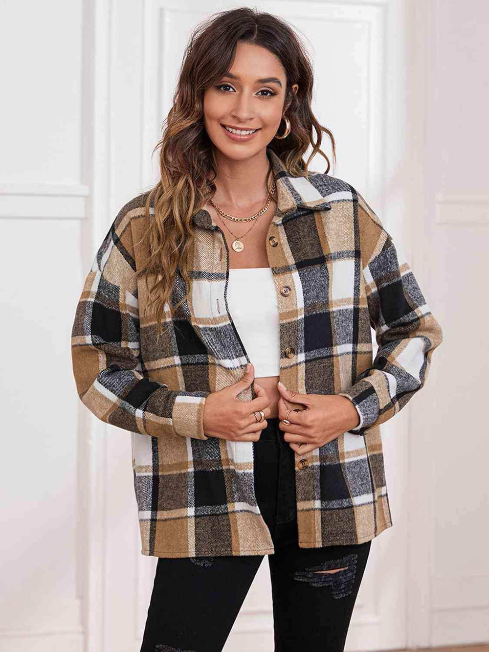 Plaid Collared Neck Button Down Jacket - Trendsi - Flyclothing LLC