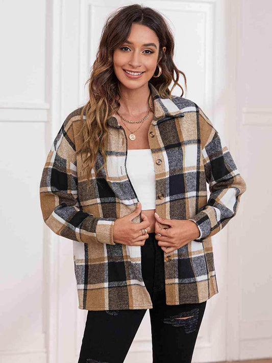 Plaid Collared Neck Button Down Jacket - Trendsi - Flyclothing LLC