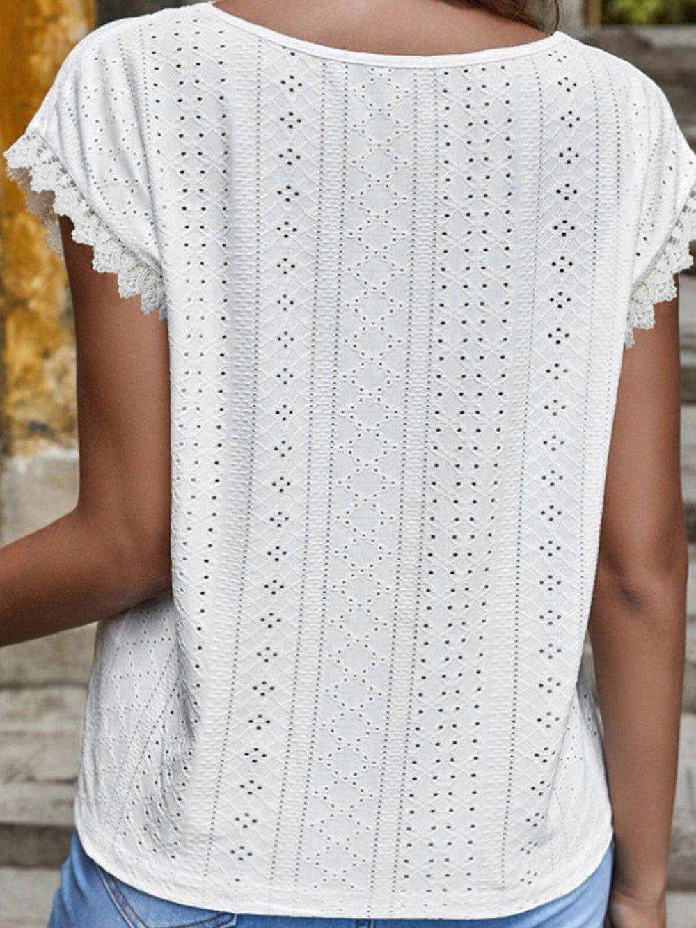 V-Neck Eyelet Short Sleeve Top - Trendsi - Flyclothing LLC