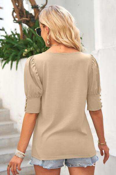 Round Neck Lantern Sleeve Blouse - Trendsi - Flyclothing LLC