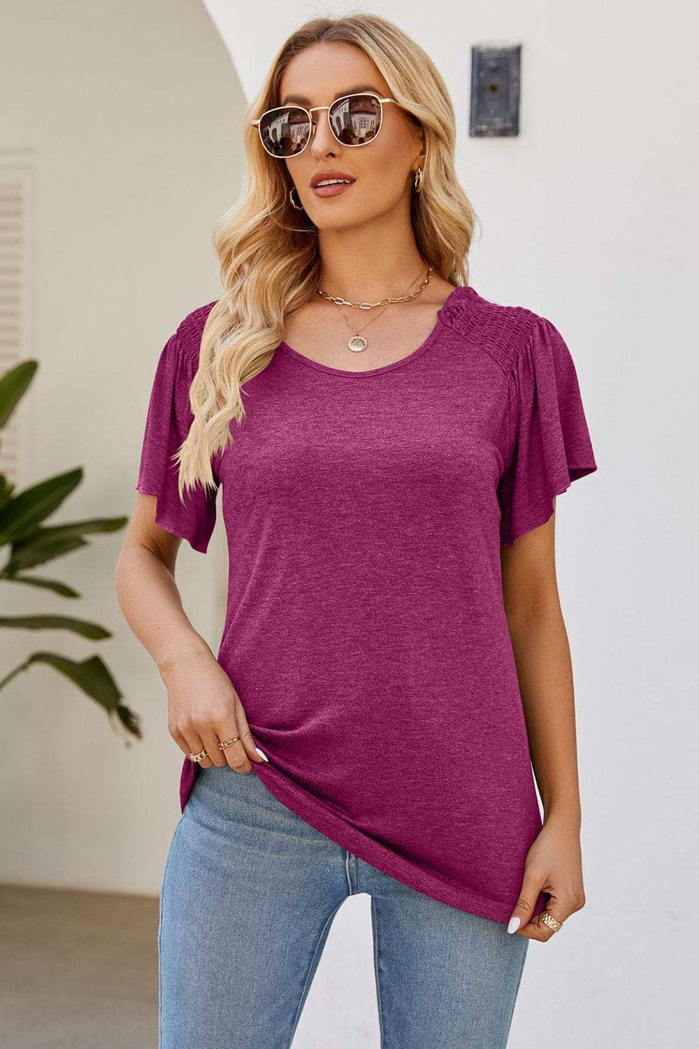 Smocked Round Neck Flutter Sleeve T-Shirt - Trendsi - Flyclothing LLC