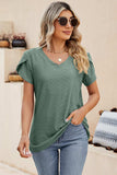 Eyelet V-Neck Petal Sleeve T-Shirt - Trendsi - Flyclothing LLC