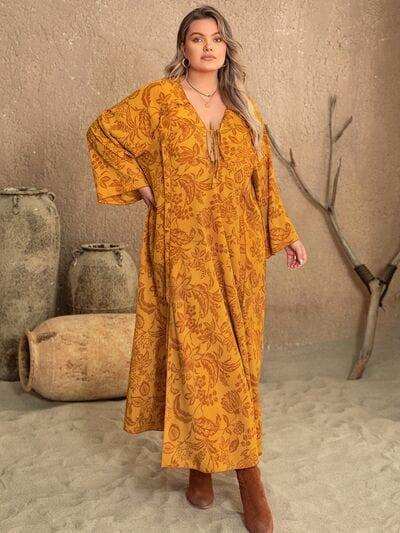 Plus Size Printed Slit Long Sleeve Dress - Trendsi - Flyclothing LLC