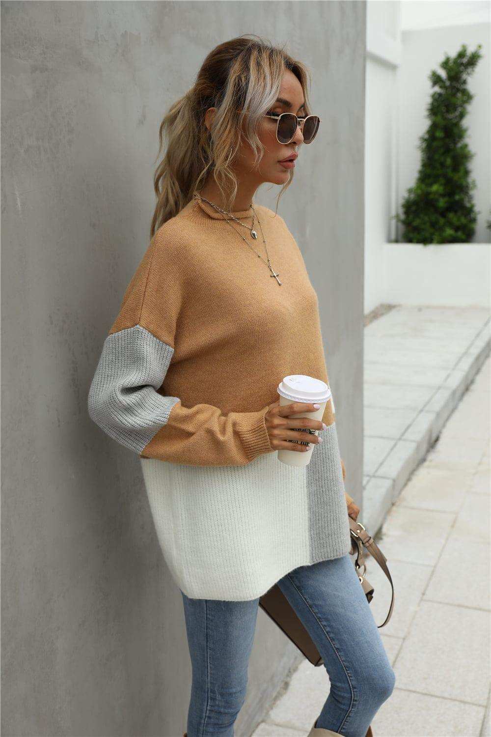 Color Block Round Neck Dropped Shoulder Sweater - Trendsi - Flyclothing LLC