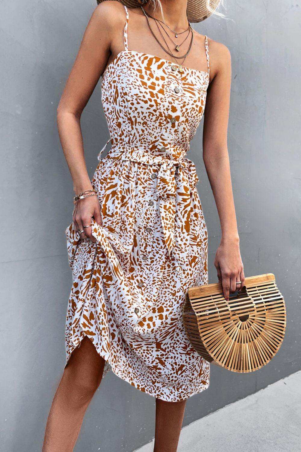 Printed Spaghetti Strap Decorative Button Belted Dress - Trendsi - Flyclothing LLC