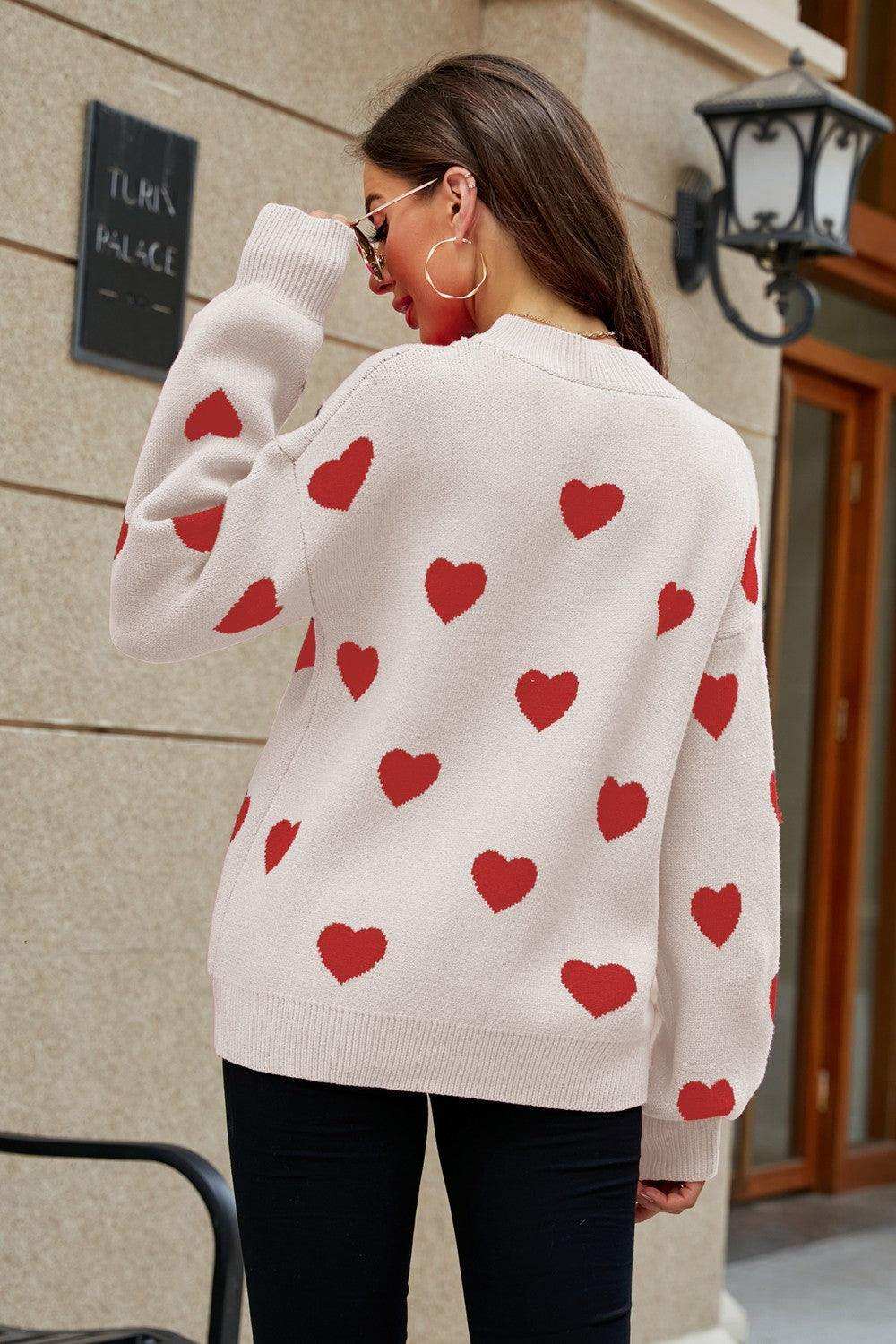Heart Pattern Lantern Sleeve Round Neck Tunic Sweater - Trendsi - Flyclothing LLC