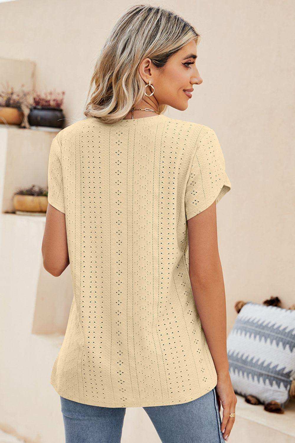 Eyelet Petal Sleeve V-Neck Knit Top - Trendsi - Flyclothing LLC