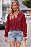 Swiss Dot Notched Neck Flounce Sleeve Blouse - Trendsi - Flyclothing LLC