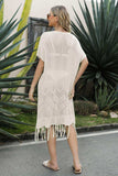 V-Neck Short Sleeve Fringe Hem Knit Dress - Trendsi - Flyclothing LLC