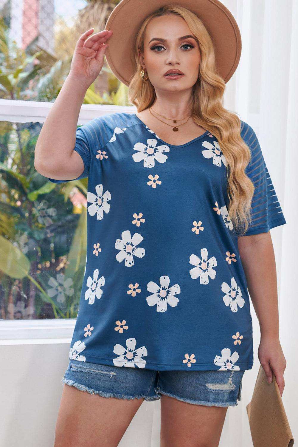 Plus Size V-Neck Raglan Sleeve Tee - Trendsi - Flyclothing LLC