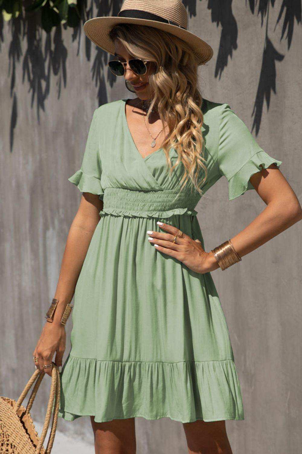 Smocked Waist Flounce Sleeve Ruffle Hem Dress - Trendsi - Flyclothing LLC