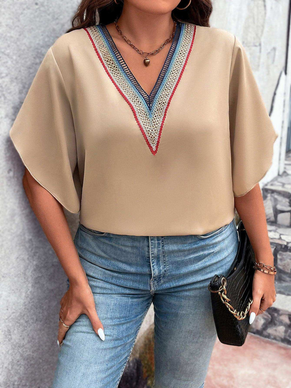 Plus Size V-Neck Flutter Sleeve Blouse - Trendsi - Flyclothing LLC