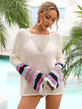 Rainbow Stripe Openwork Boat Neck Cover-Up - Trendsi - Flyclothing LLC
