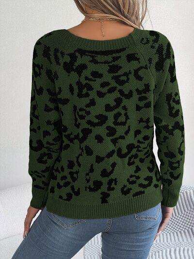 Leopard Buttoned Square Neck Sweater - Trendsi - Flyclothing LLC