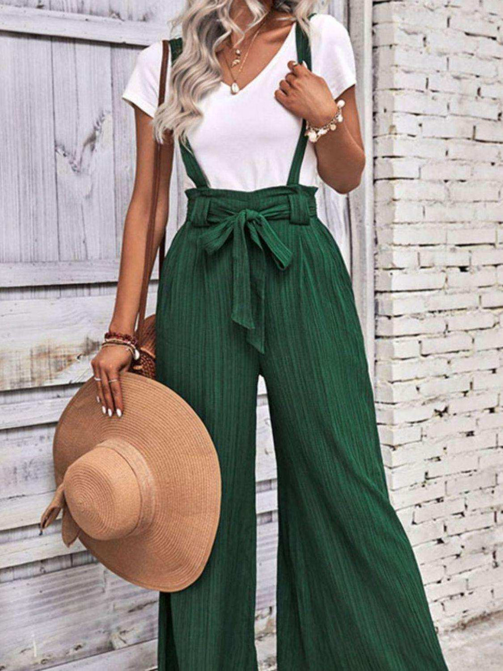 Tie Belt Wide Leg Overalls - Trendsi - Flyclothing LLC