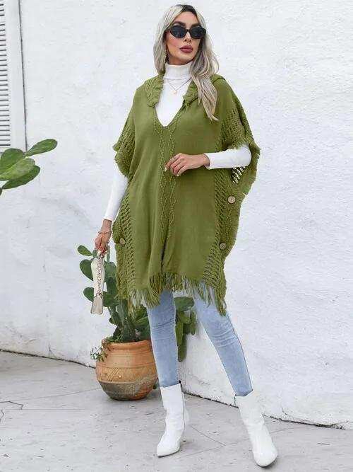 Fringe Trim Buttoned Hooded Poncho - Trendsi - Flyclothing LLC