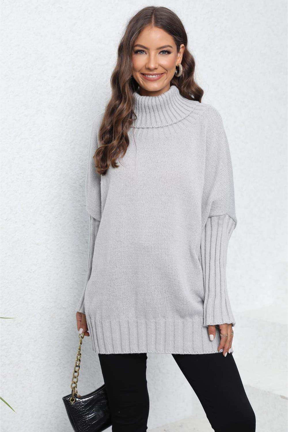 Turtle Neck Long Sleeve Ribbed Sweater - Trendsi - Flyclothing LLC