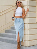 Slit Pocketed High Waist Denim Skirt - Trendsi - Flyclothing LLC