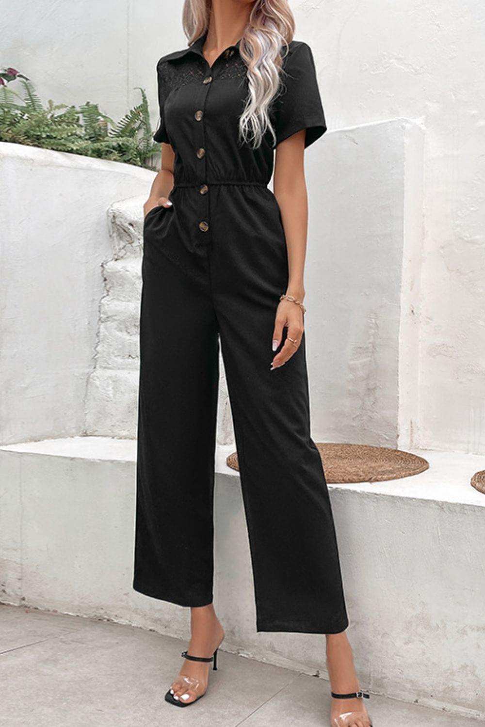 Collared Neck Short Sleeve Jumpsuit - Trendsi - Flyclothing LLC