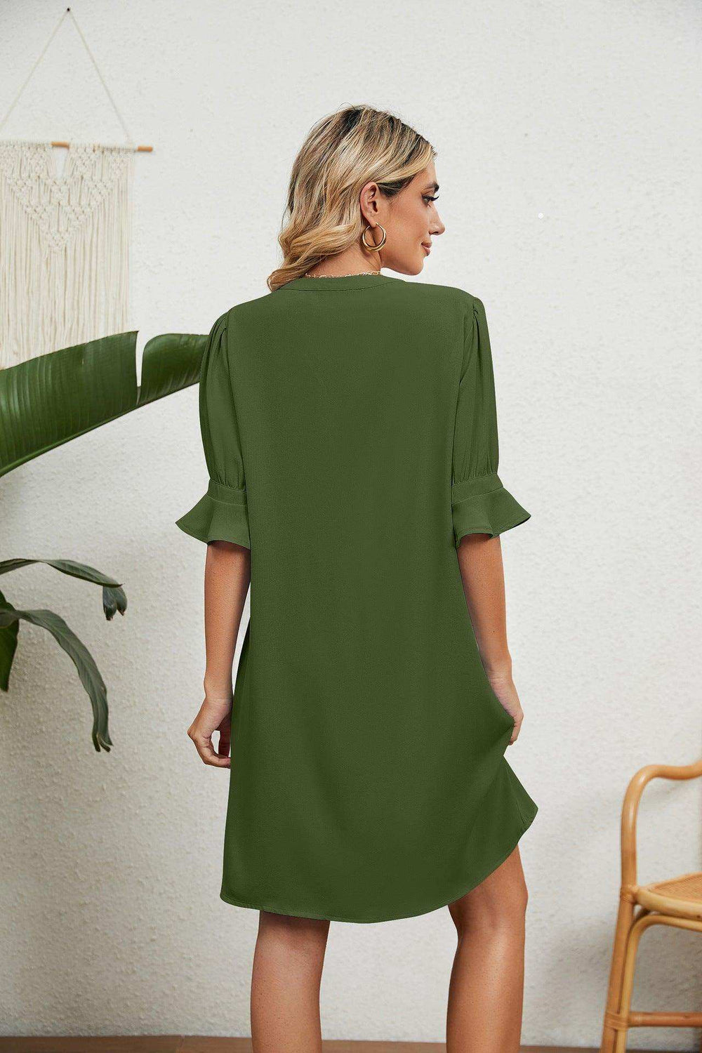 Notched Neck Flounce Sleeve Dress - Trendsi - Flyclothing LLC