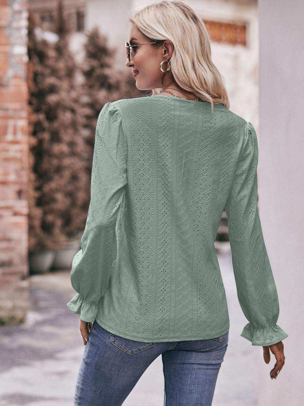 Eyelet V-Neck Flounce Sleeve Blouse - Trendsi - Flyclothing LLC