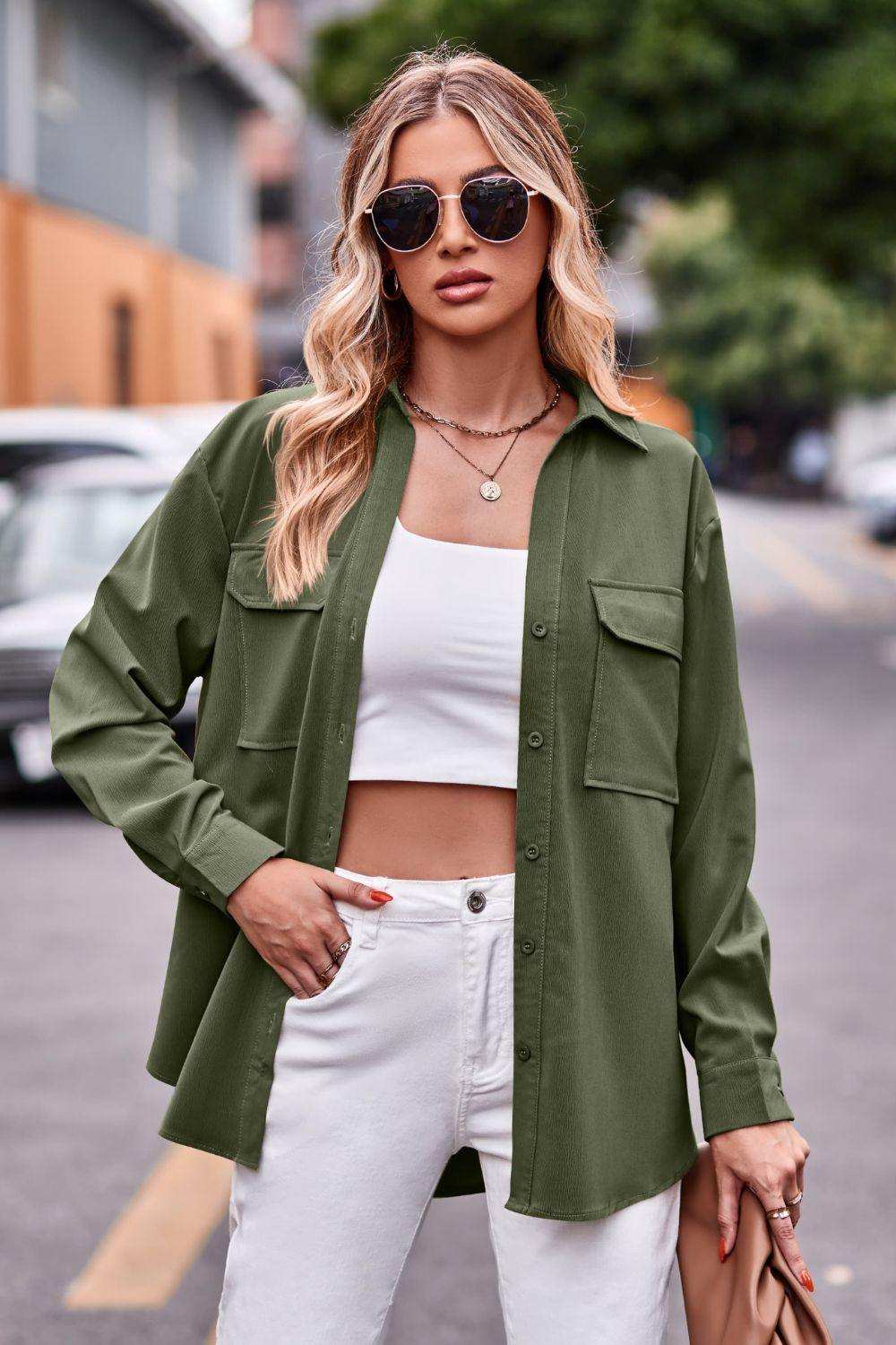 Dropped Shoulder Longline Shirt with Pockets - Trendsi - Flyclothing LLC