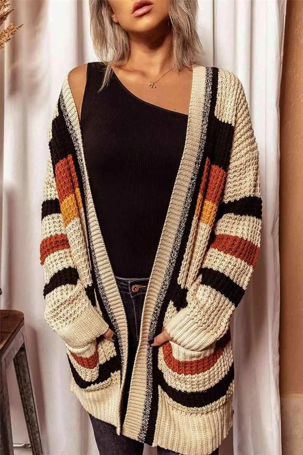 Striped Open Front Longline Cardigan - Trendsi - Flyclothing LLC
