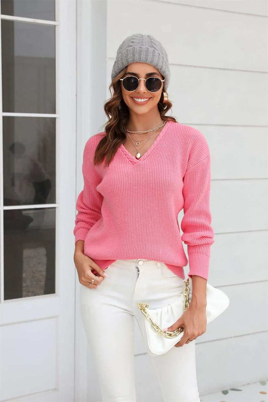 Ribbed V-Neck Dropped Shoulder Knit Top - Trendsi - Flyclothing LLC